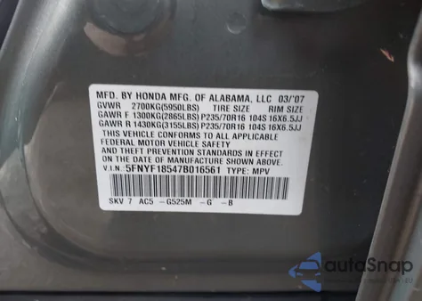 2007 Honda Pilot Ex-L из США, поврежденный, VIN 5FNYF18547B016561